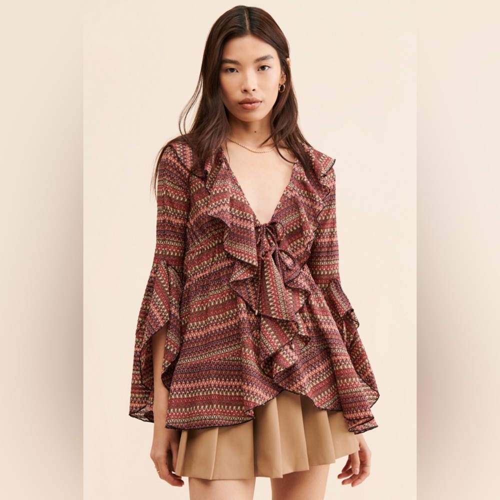 Free People Palma Ruffle Top Blouse Bell Sleeves Boho Red/Black Multi Size S